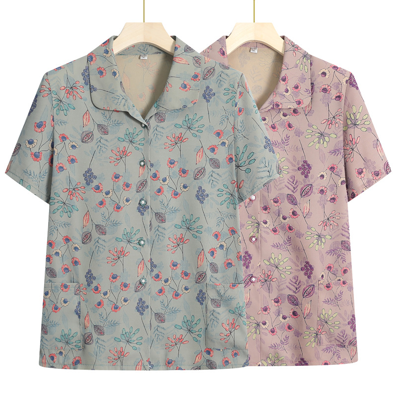 中老年人夏装女奶奶装短袖翻领衬衣妈妈装雪纺衬衫老太太夏季上衣